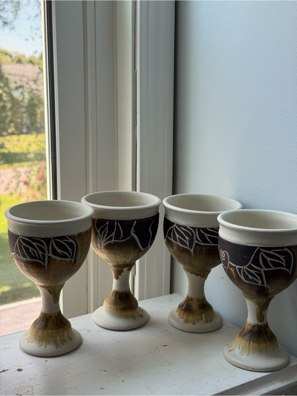 Handcrafted Ceramic Goblet Set in Brown and Cream